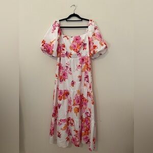 Buddy Love White & Pink Floral Midi Dress Sz M Puff Sleeves Smocked Cottagecore